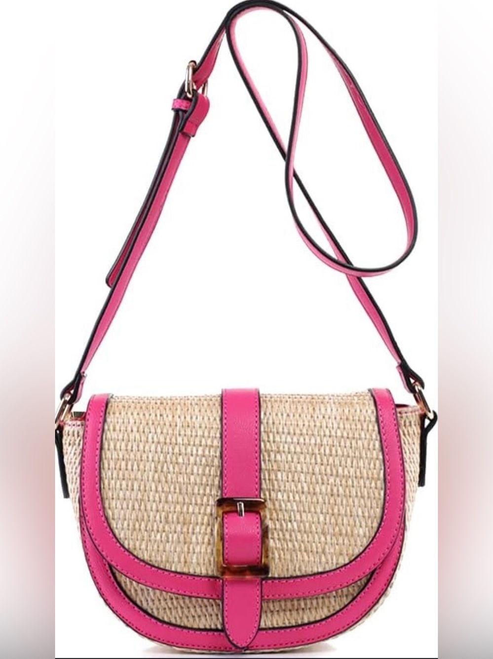 IZZY & ALI Pink Vegan Leather Trim & Woven Straw Crossbody Purse